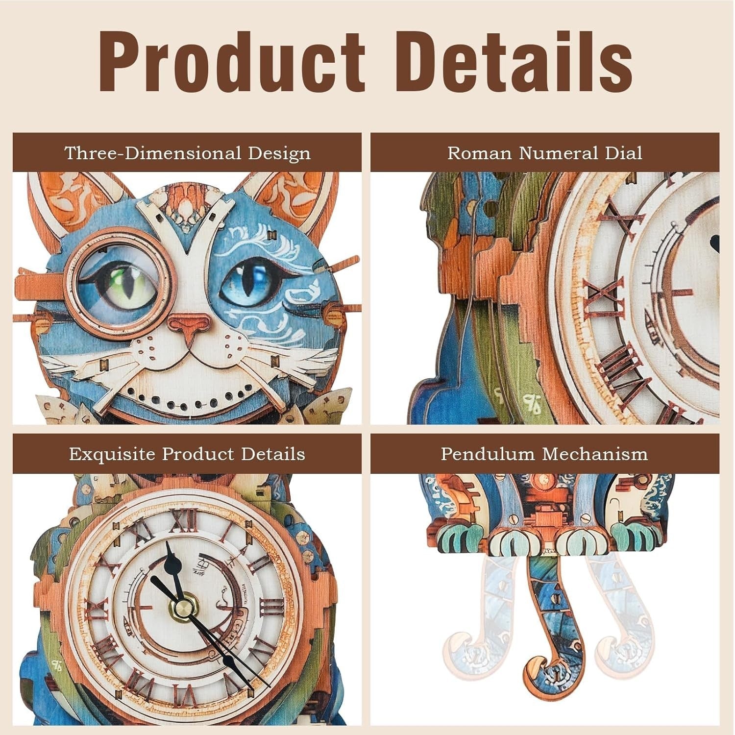 3D Wooden Cat Wall Clock Puzzle Kit – DIY Decor with Pendulum, Gift Idea