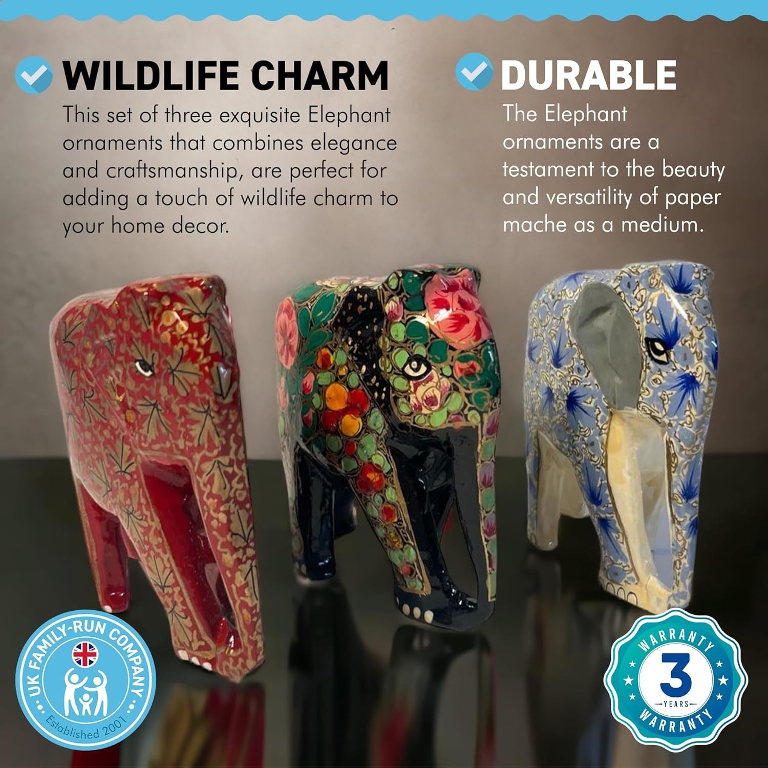 Set of 3 Paper Mache Elephant Ornaments | Colourful Wildlife Decor | Handmade