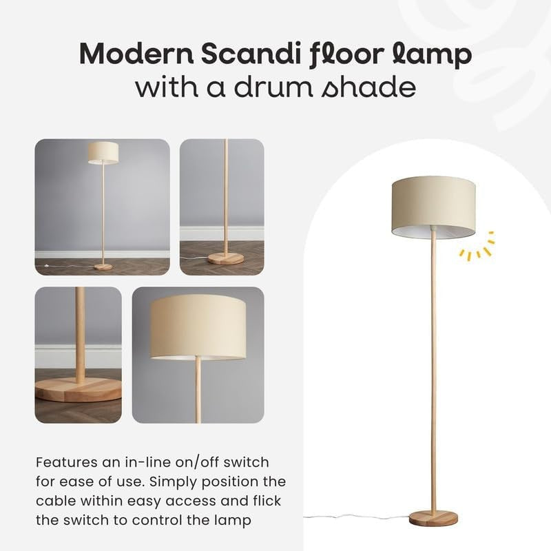 Scandi Wooden Floor Lamp Light Wood Stand Cool Grey Drum Shade Modern