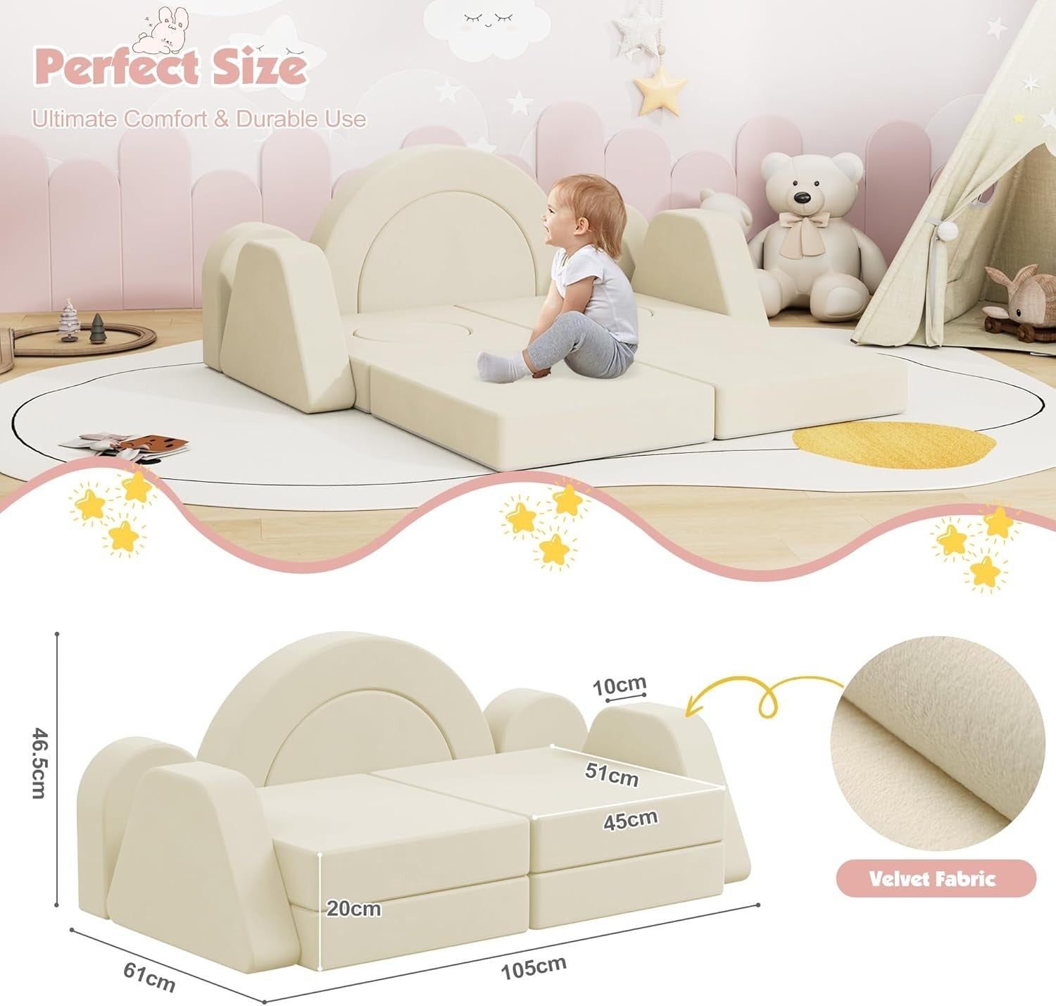 Modular Kids Play Couch Sofa Bed Foam Fort Building Set Beige