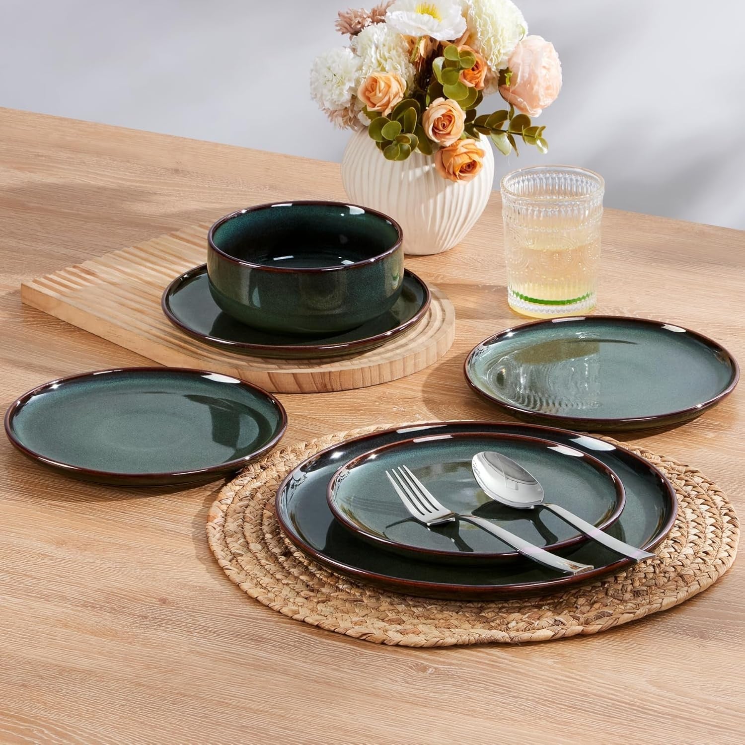 12pc Stoneware Dinner Set for 4 Green Plates Bowls Microwave Safe