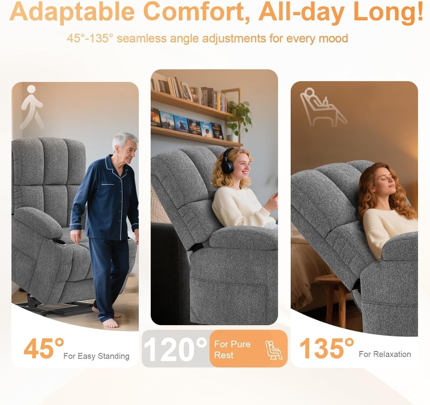 Dark Grey Lift Recliner Chair Elderly Massage Heat USB Cup Holders Footrest