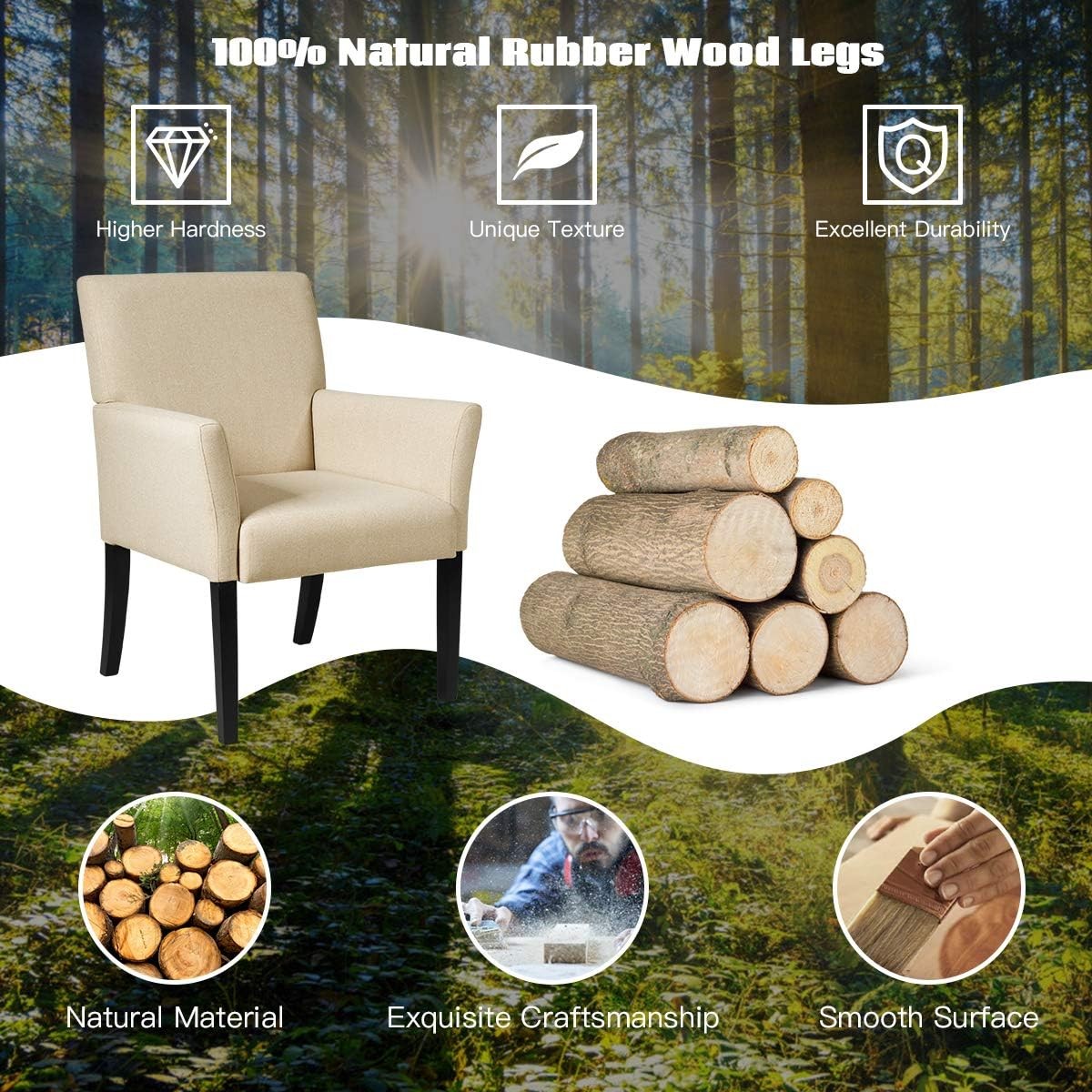 Beige Accent Armchair Linen Fabric Upholstered Wood Legs Chair