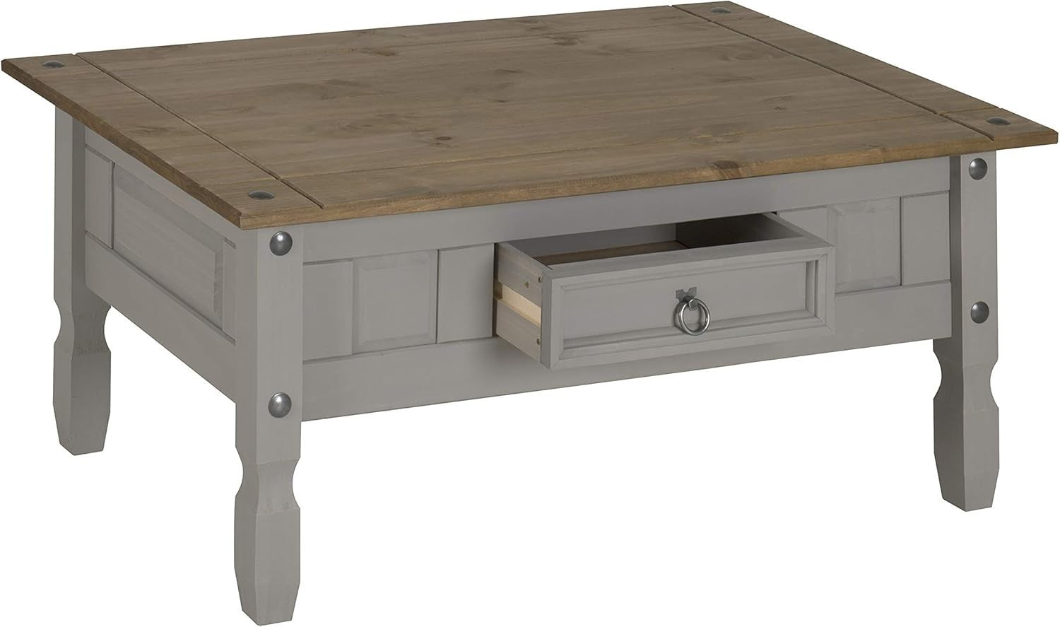 Solid Pine Coffee Table with Drawer, Distressed Grey Wax Finish, 95x50x45cm
