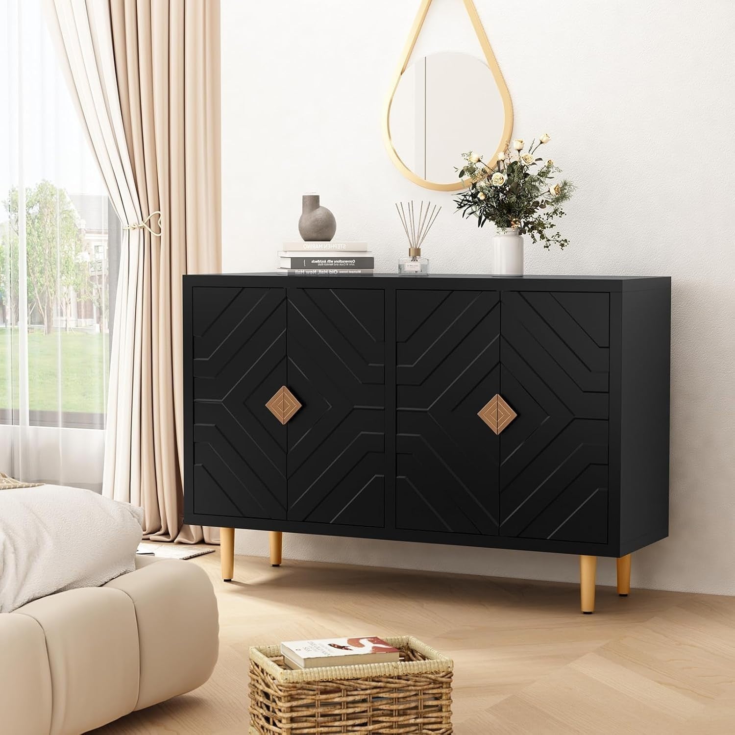 Black Modern Sideboard Cabinet 4 Doors Waterproof Storage Buffet Table
