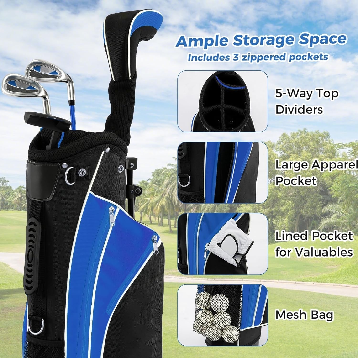 Kids Right Hand Golf Club Set Age 8–10 Fairway Irons Putter Stand Bag
