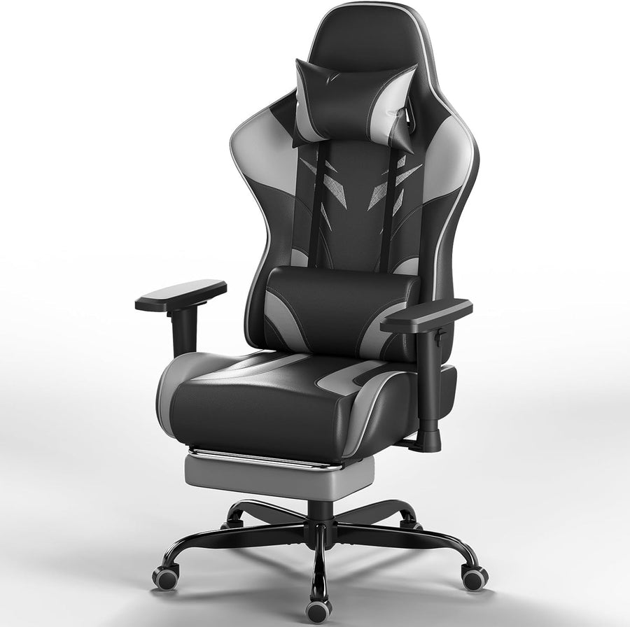 Ergonomic Gaming Chair w/ Footrest 2D Armrests PU Leather Grey
