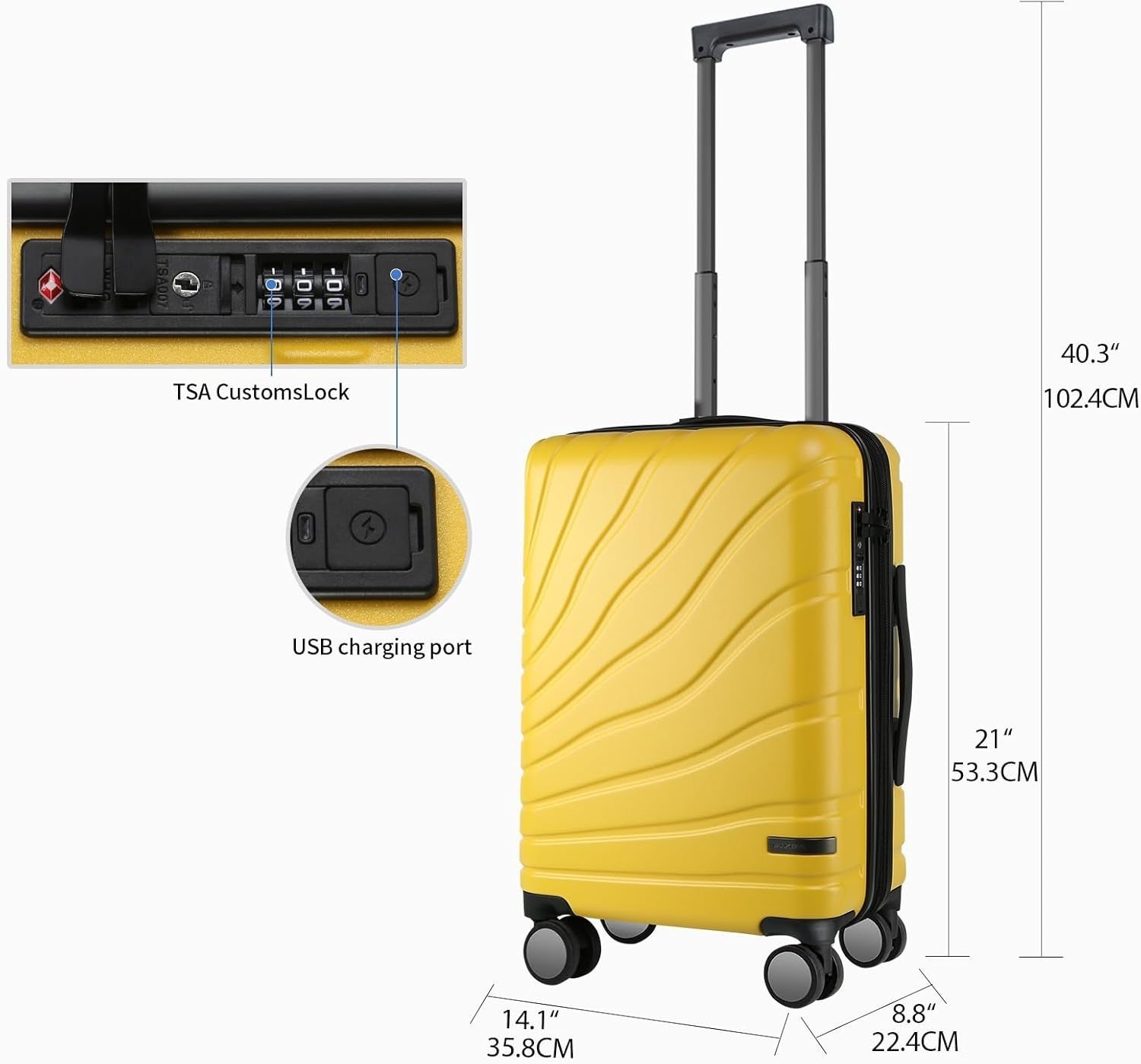 Yellow 20 Inch Carry On Suitcase PC Hard Shell Expandable Spinner TSA USB