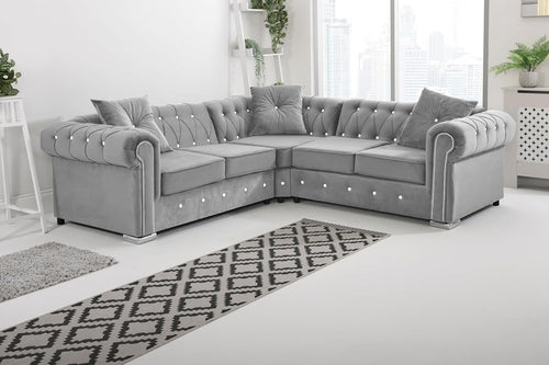 Plush Velvet Chesterfield Corner Sofa – Silver Foam Cushions & Diamond Detail