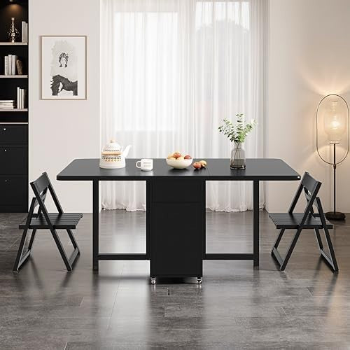 Folding Dining Table Set with 6 Chairs Storage Drawers Black & White Cushions