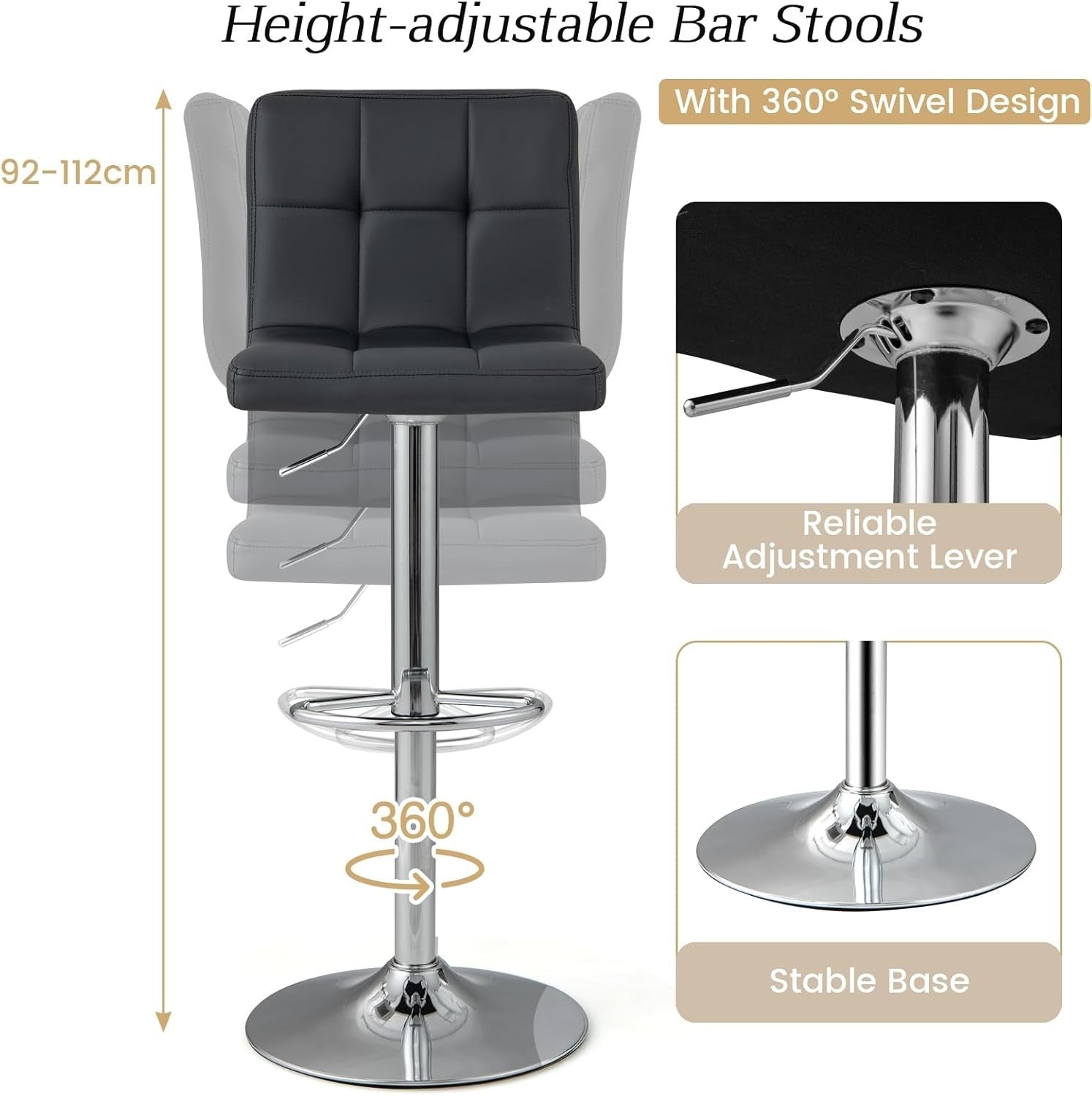 Set of 2 Adjustable Brown PU Leather Bar Stools with Swivel & Footrest