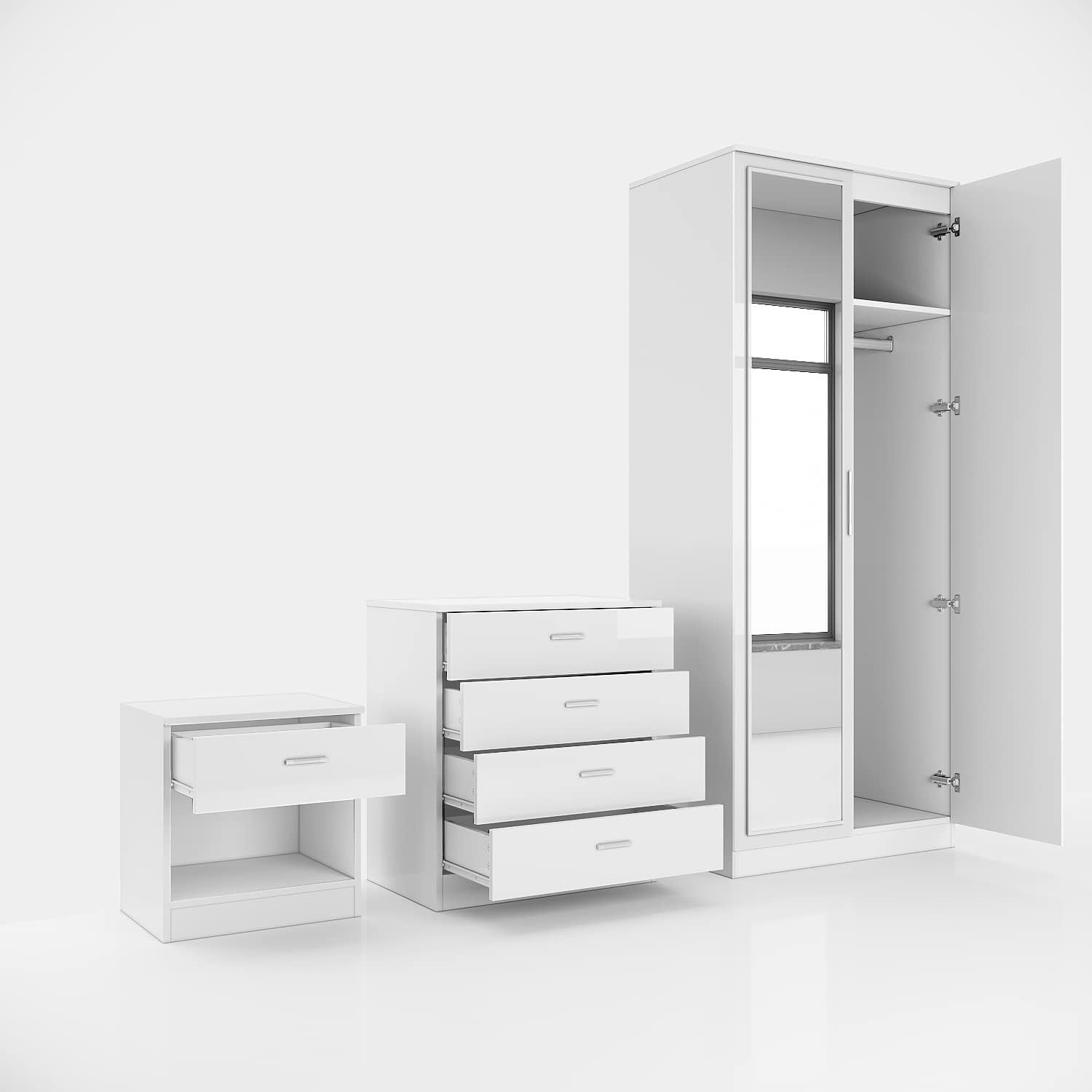 White Gloss 2 Door Wardrobe with Mirror & Rail Bedroom Storage 180cm