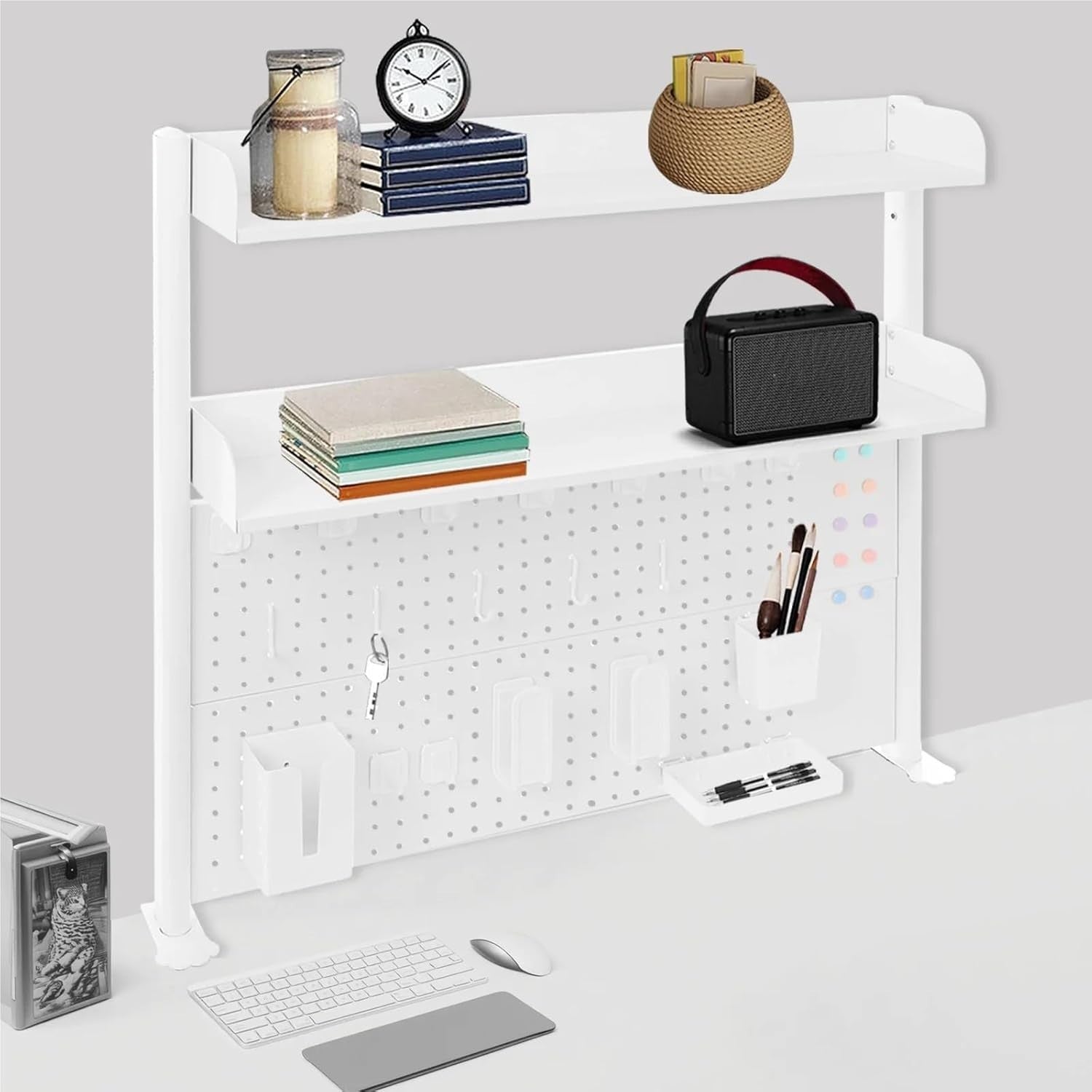 Clamp-On Desk Shelf 2-Tier Pegboard Adjustable Desktop Organizer White