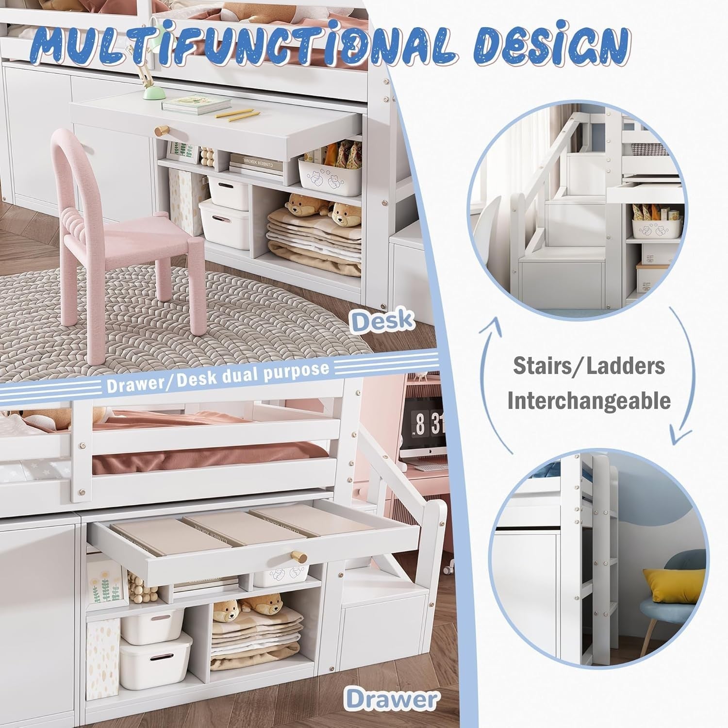 Midsleeper Kids Bed with Storage Drawers, Desk & Stairs, White 90x190cm Wood Fra