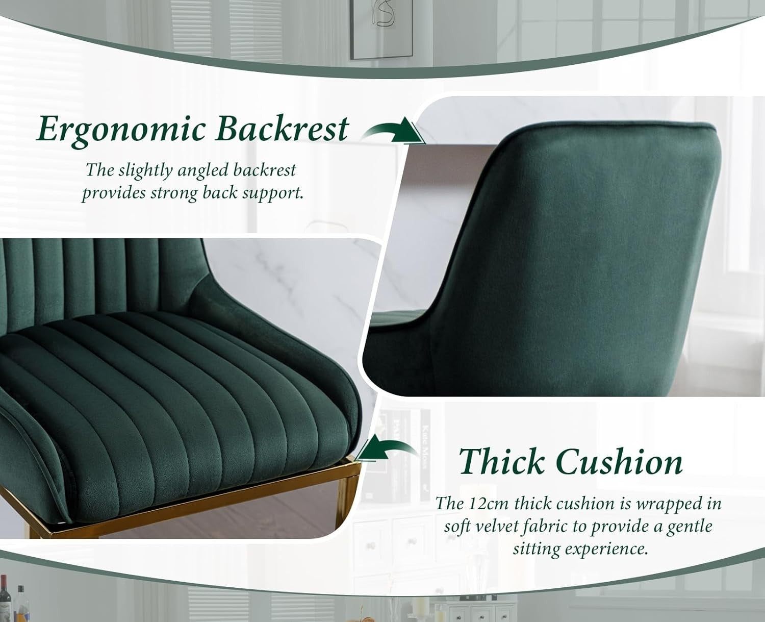 Bar Stools Set of 2 | Green Velvet L-Shaped Counter Dining Chairs