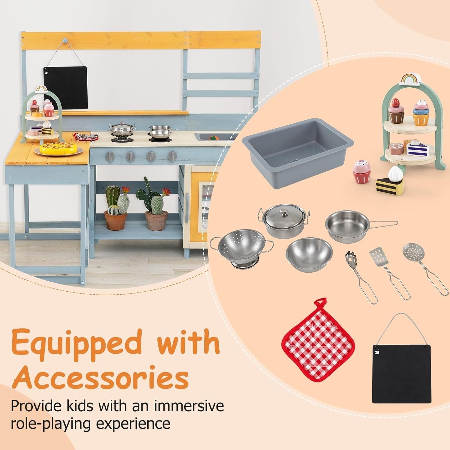 Kids Mud Kitchen Outdoor Wooden Play Kitchen Picnic Table Grey Blue