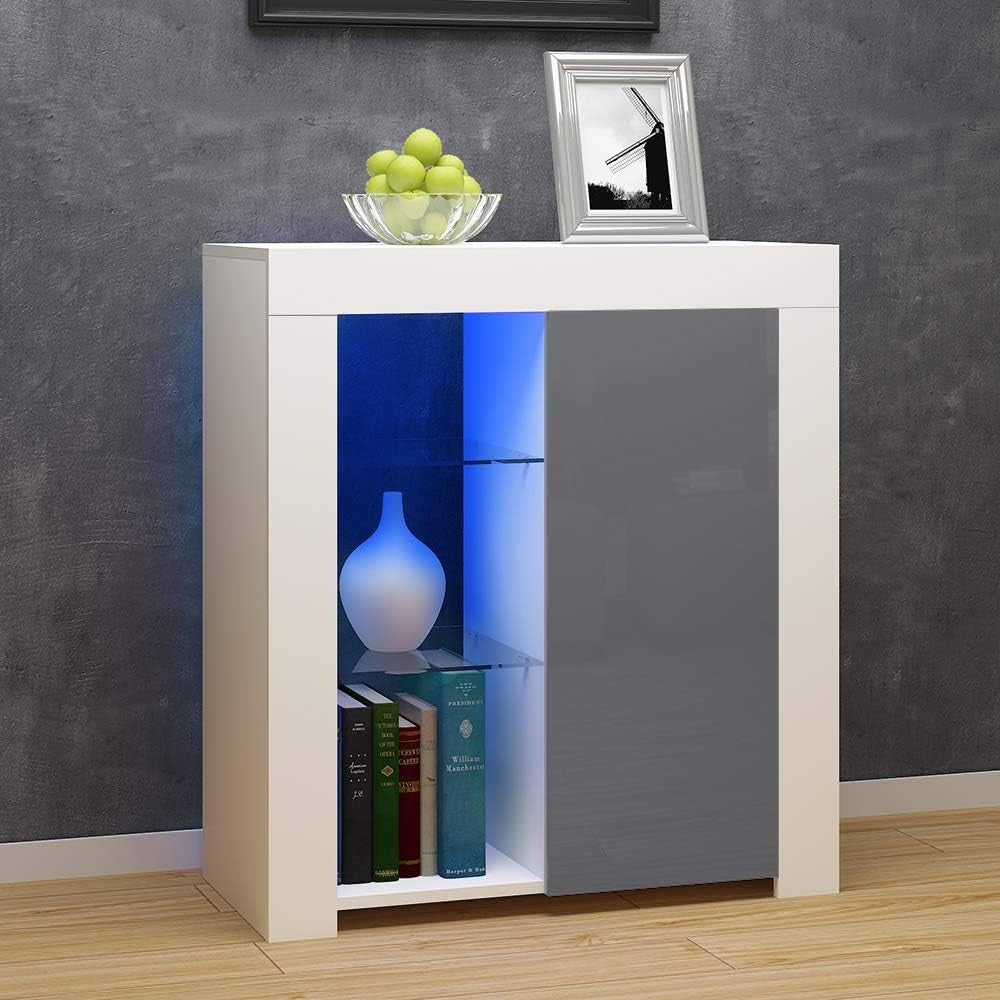 LED Sideboard Cabinet Grey Gloss Door Unit with Light 83cm High Storage