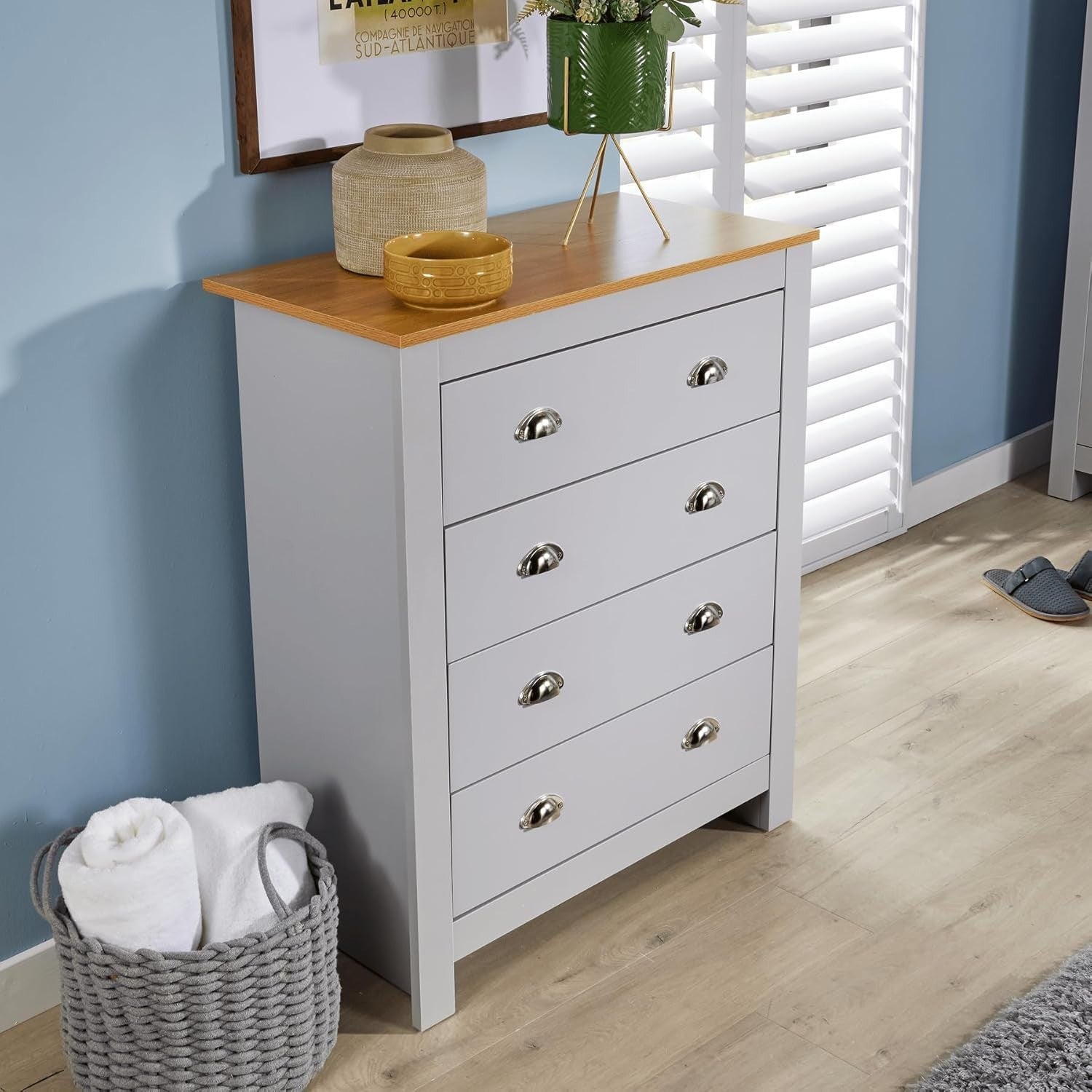 Grey 4 Drawer Chest of Drawers Oak Top Storage Unit Bedroom Cabinet