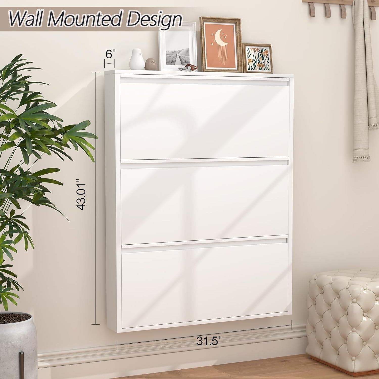 Wall Mounted Narrow Metal Shoe Cabinet 3 Flip Drawers Slim Storage