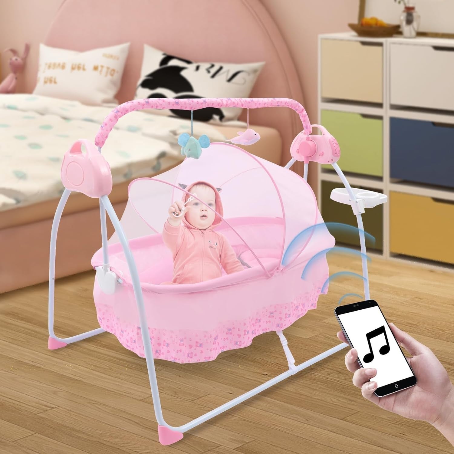 Electric Baby Crib Bassinet 5 Speed Auto Rocking Cot with Music & Bluetooth