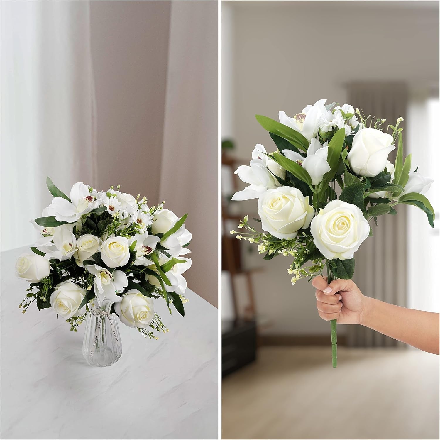 Artificial Flowers with Glass Vase White Rose Orchid Table Centrepiece