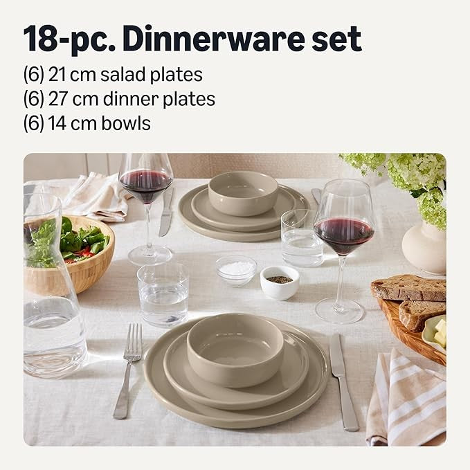 18pc Stoneware Dinner Set Plates Bowls Service for 6 Dishwasher Safe Grey