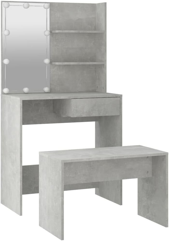 Modern Dressing Table Vanity Set Storage Mirror LED Lights Stool Bedroom Furnitu