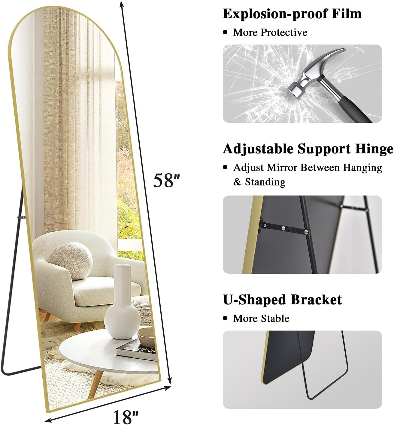 Gold Arch Full Length Mirror 147x44cm Wall Leaning Dressing Mirror