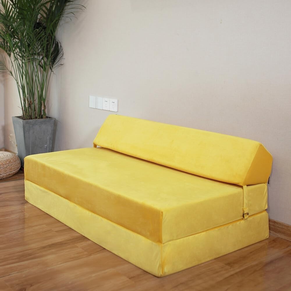 Fold Out Sofa Bed Yellow Futon Chair Kids Adults Sleeper Guest Mattress