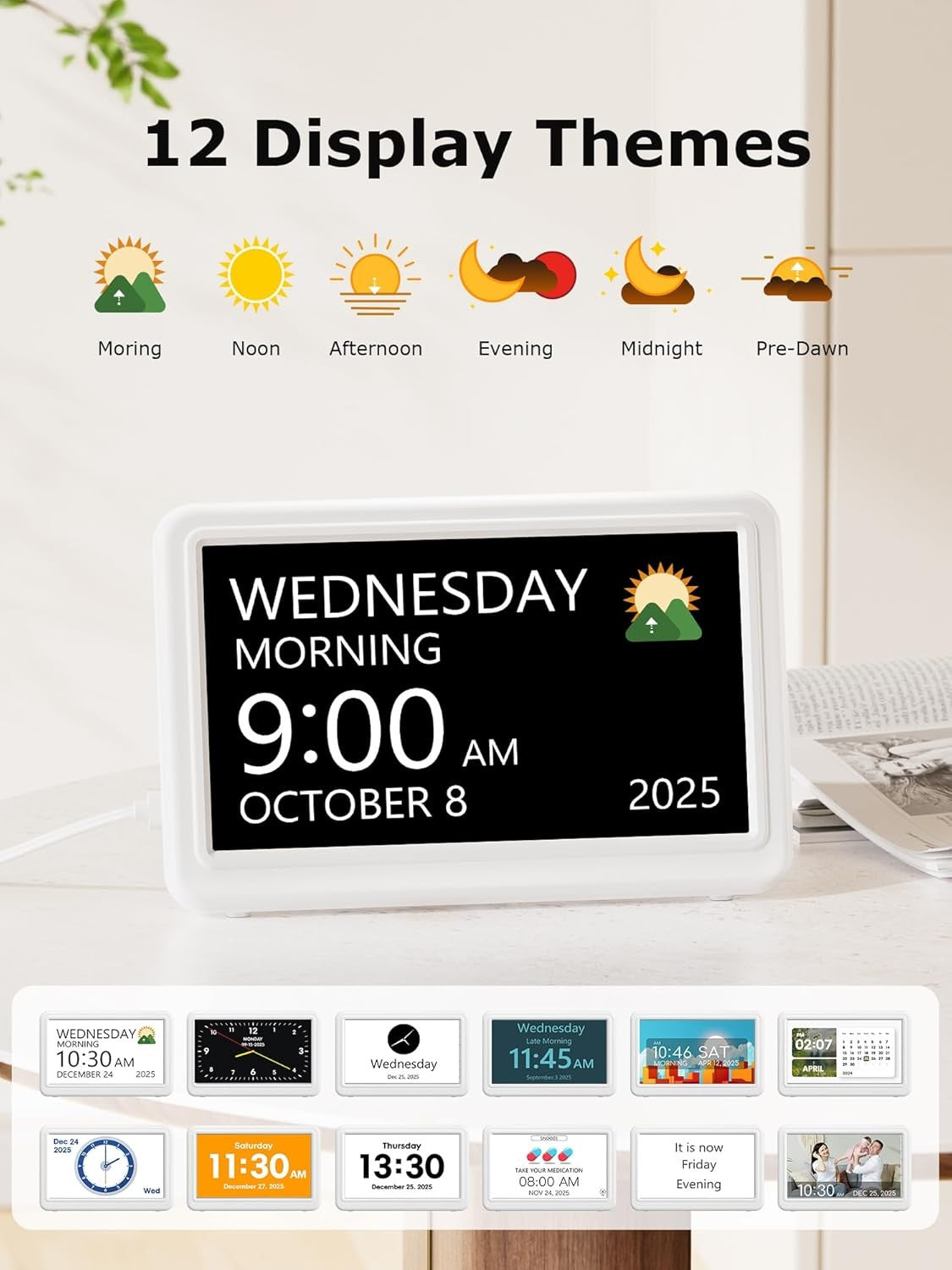 7” Dementia Calendar Clock Large Day Date Time Display Auto Dim Alarms