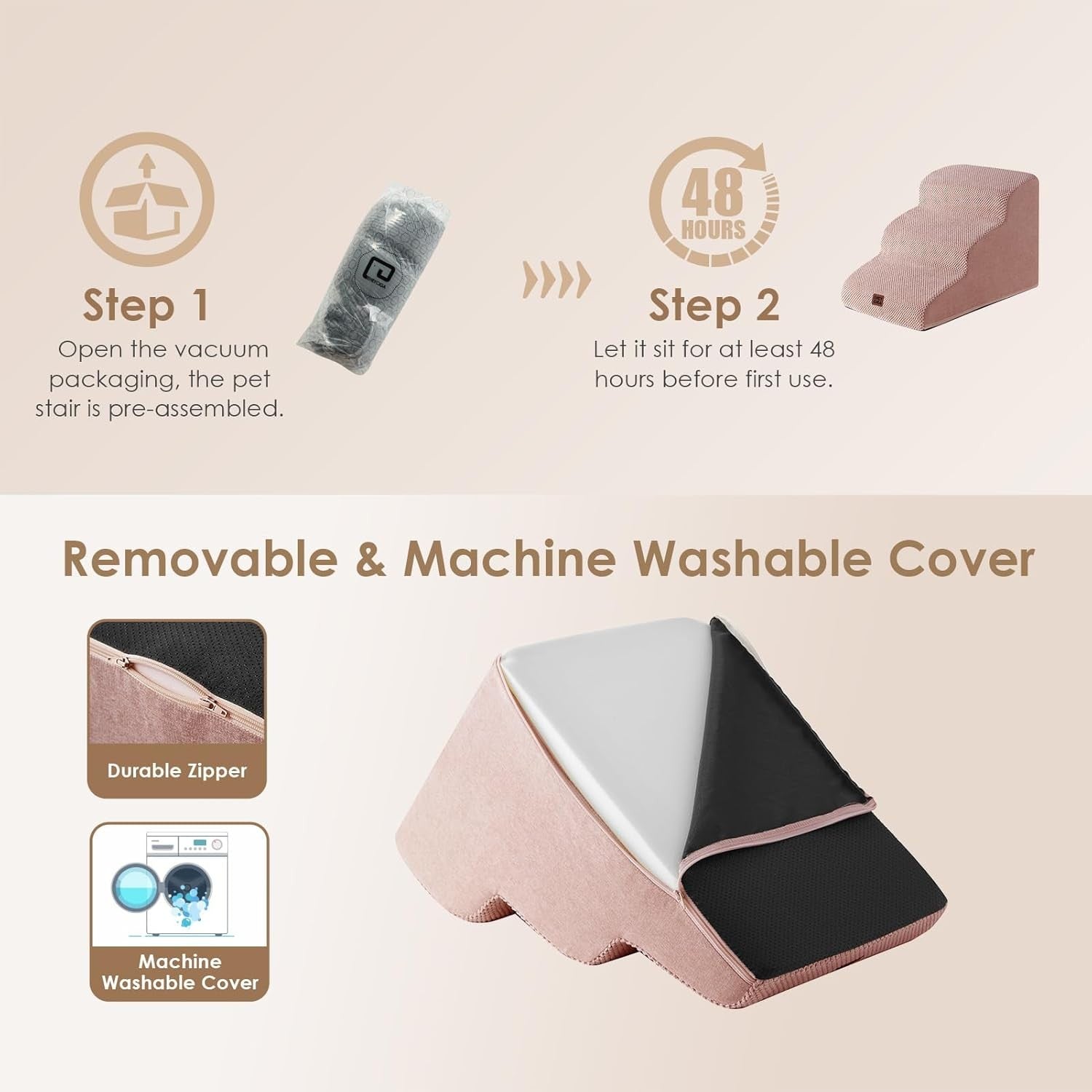 3 Step Dog Stairs for Bed Non Slip Foam Pet Steps Dusty Pink