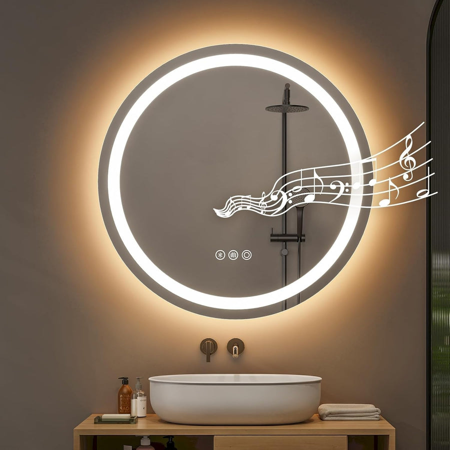 600mm LED Bathroom Mirror Round Bluetooth Speaker Anti-Fog Touch Light