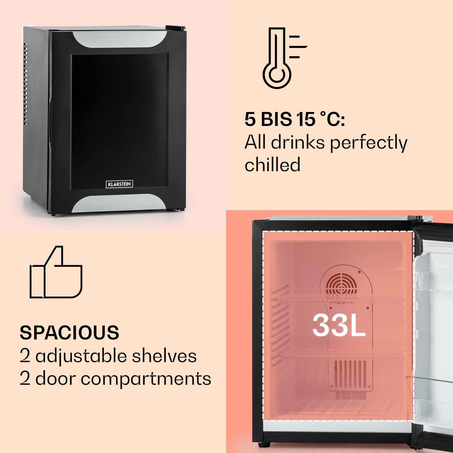 32L Mini Fridge Black Portable Cooler and Drinks Refrigerator Silent