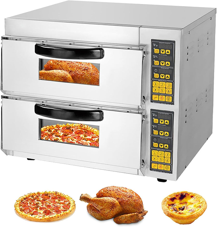 Commercial Electric Pizza Oven 16" Double Deck 500°C Stainless Steel Bakery Gril
