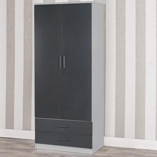 Tall Grey 2 Door Wardrobe with Black Drawers & Rail | Bedroom Storage