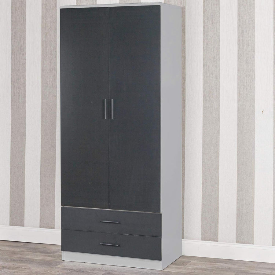 Tall Grey 2 Door Wardrobe with Black Drawers & Rail | Bedroom Storage