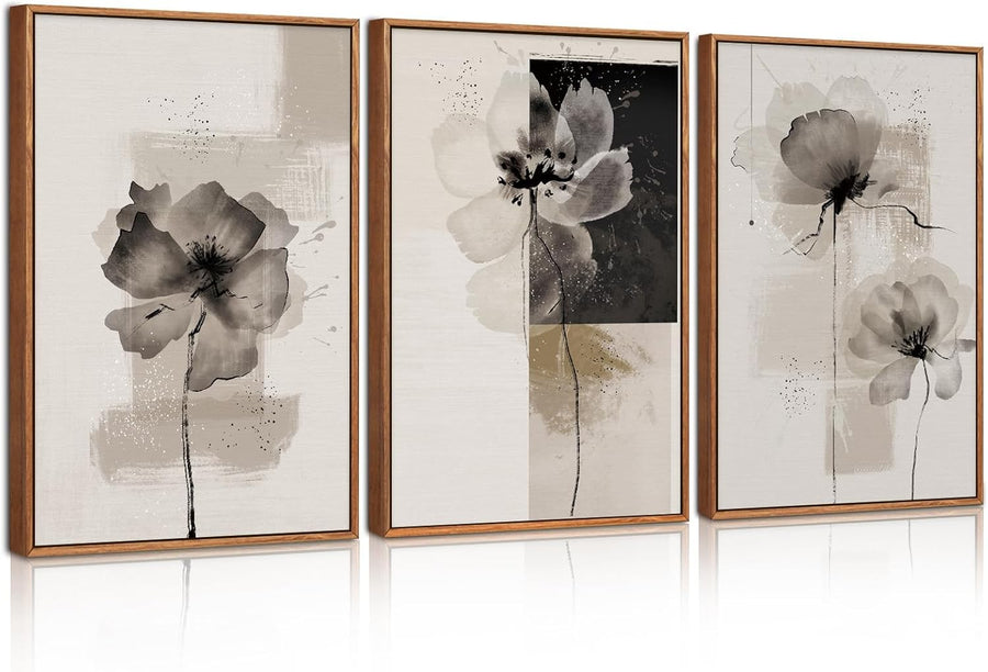 Abstract Neutral Floral Wall Art Set of 3 Framed 30x40cm