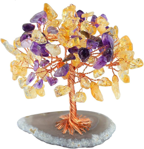 Crystal Money Tree Gemstone Ornament with Agate Base – Healing Decor Gift