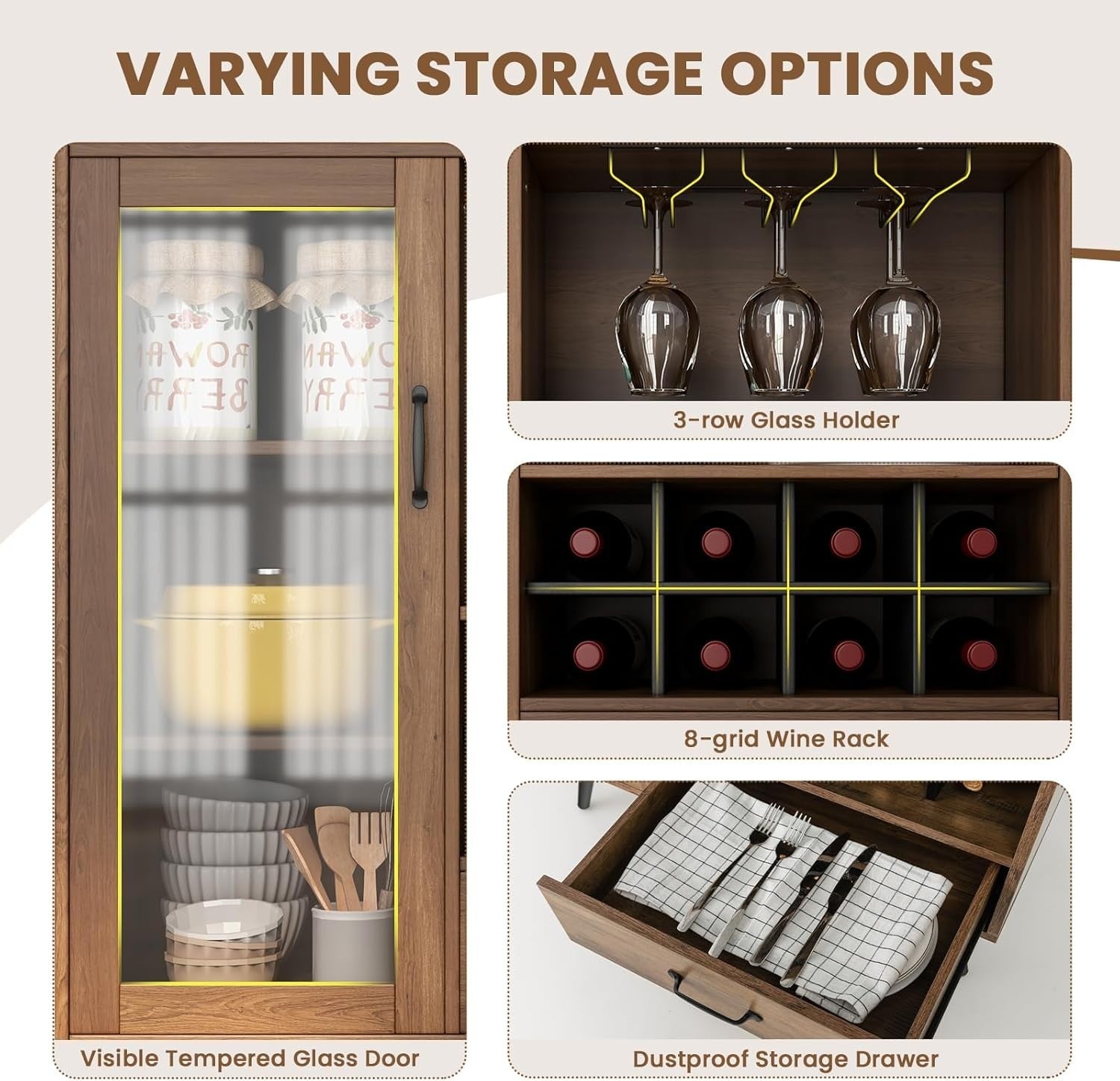 Rustic Sideboard Drinks Cabinet with Wine Rack Glass Holder Drawer Home Bar