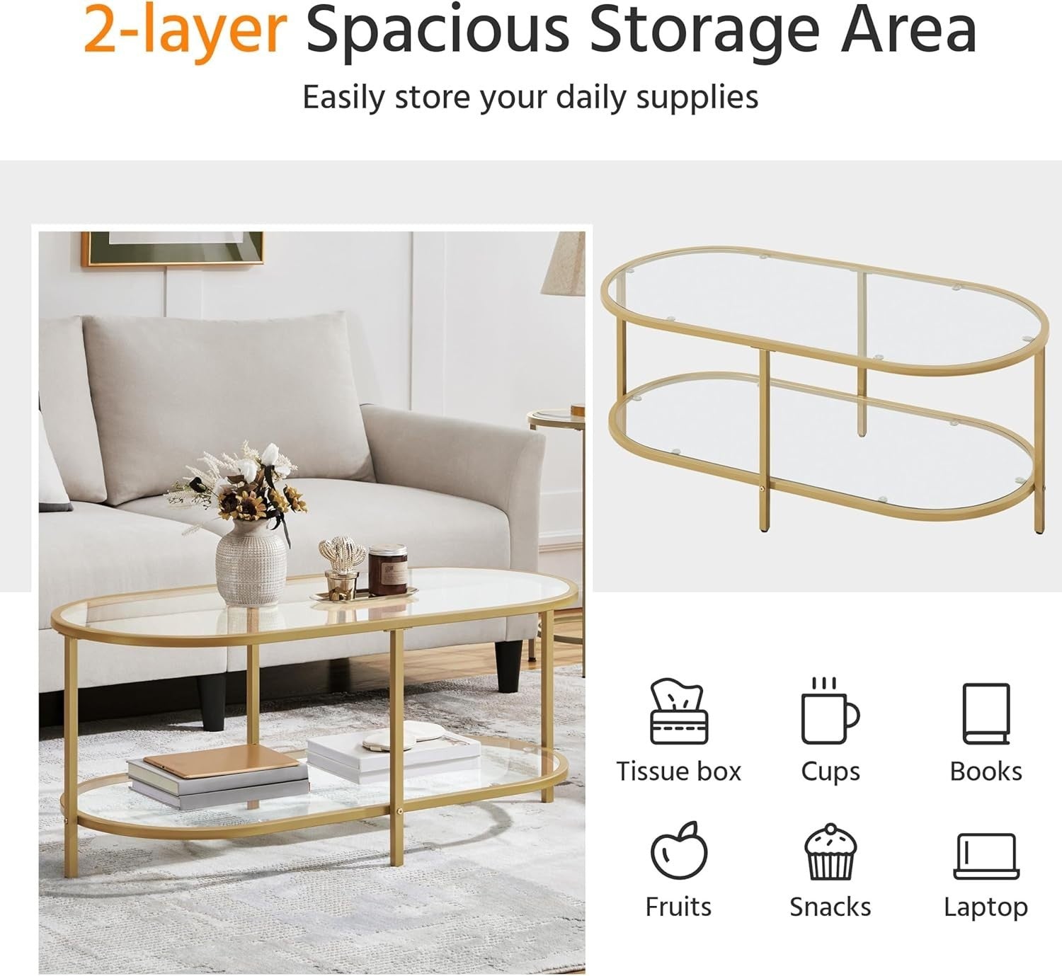 Modern Oval Glass Coffee Table 2-Tier Storage Metal Frame 106x50x44cm