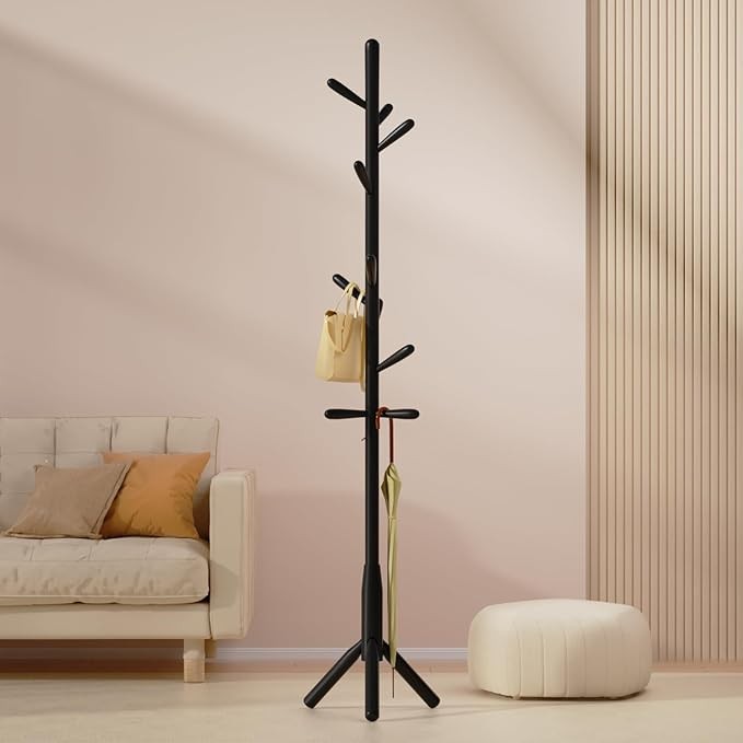 Solid Wood Coat Rack 11 Hooks Freestanding Tree Stand for Hallway Black