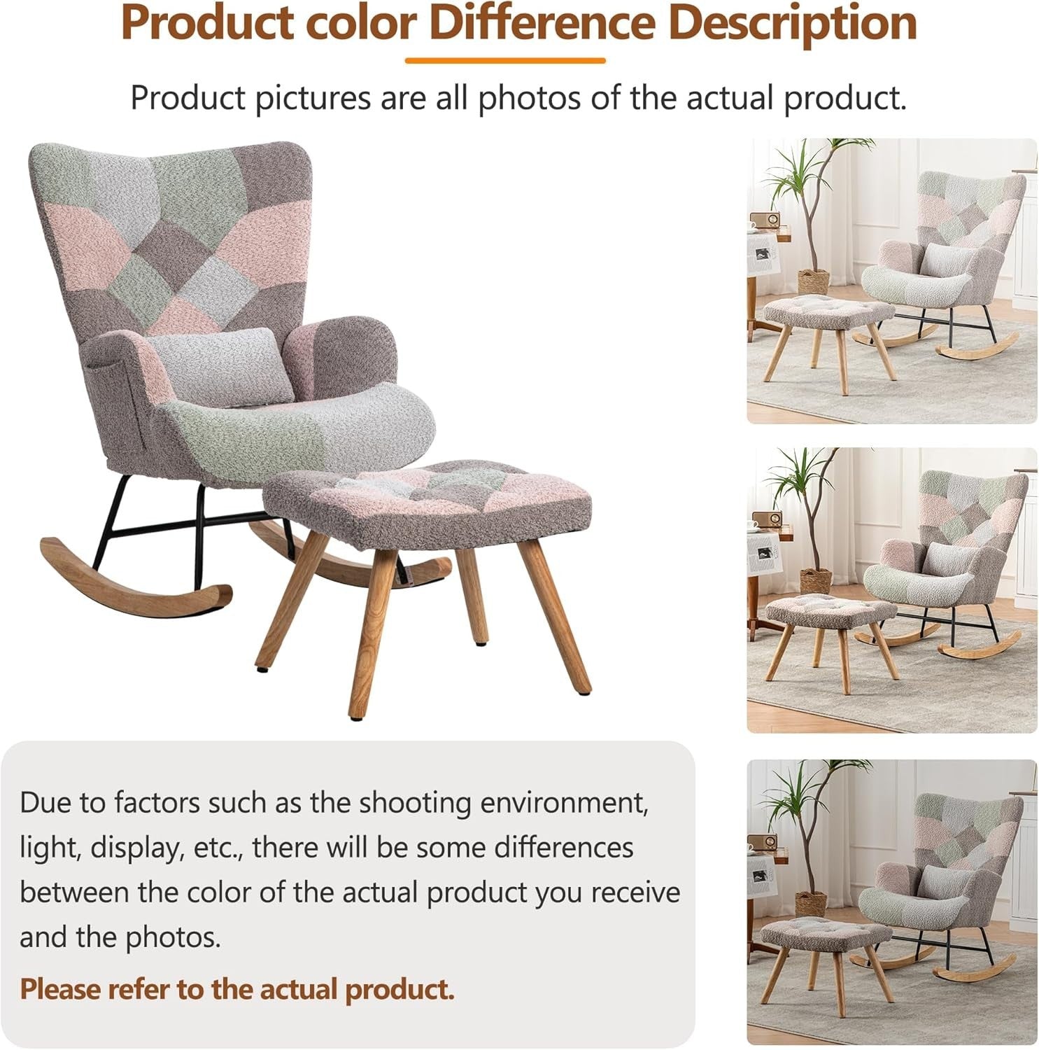Patchwork Rocking Chair with Ottoman | Ergonomic Comfort & Solid Wood Legs