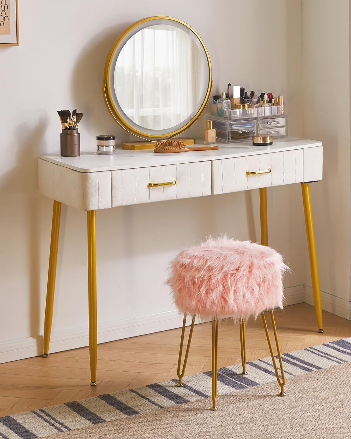 Pink Furry Round Vanity Stool with Storage – Soft Faux Fur Ottoman Seat