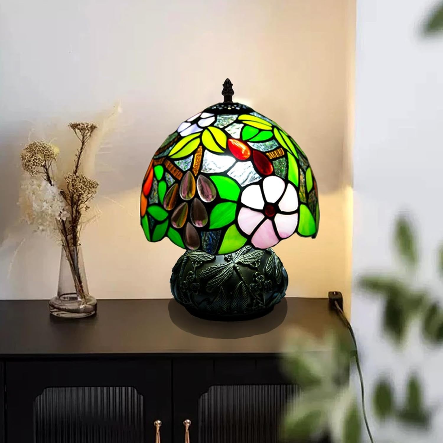 Stained Glass Desk Lamp 8x8x11in Grape Pattern 3 Color Temps Bedroom Light