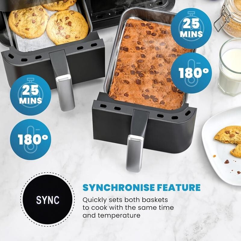 9L Dual Drawer Air Fryer 2400W 11 Presets Touch Sync Cook Oil-Free Family Size