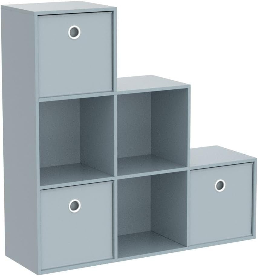 Grey 6 Cube Staircase Bookcase with 3 Fabric Baskets – Modern Storage Unit