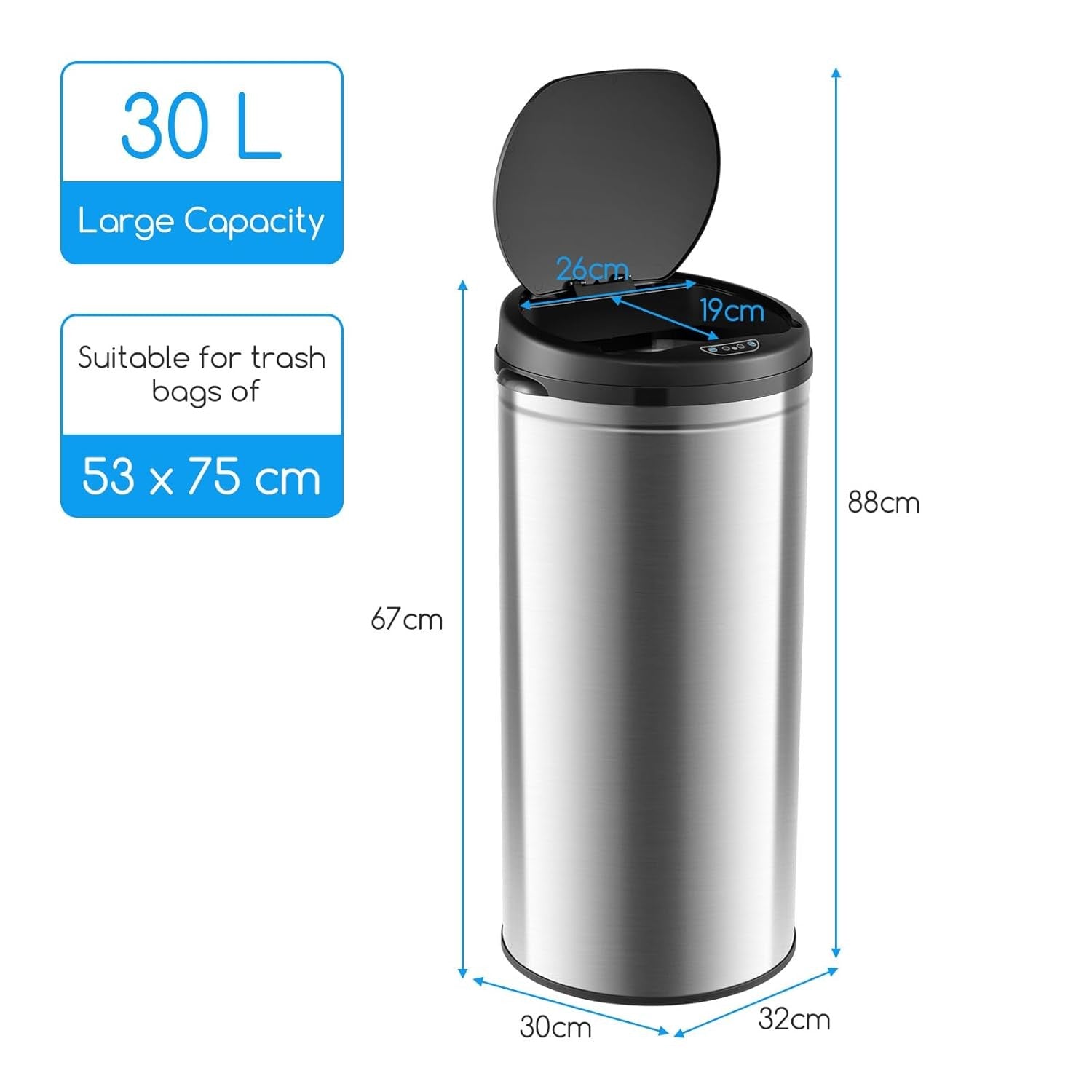 30L Touchless Sensor Kitchen Bin Stainless Steel Soft Close