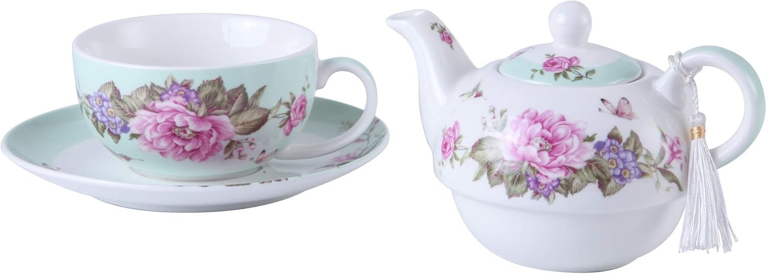 Tea For One Teapot Cup Saucer Set Teal Floral Bird Rose Gift Box