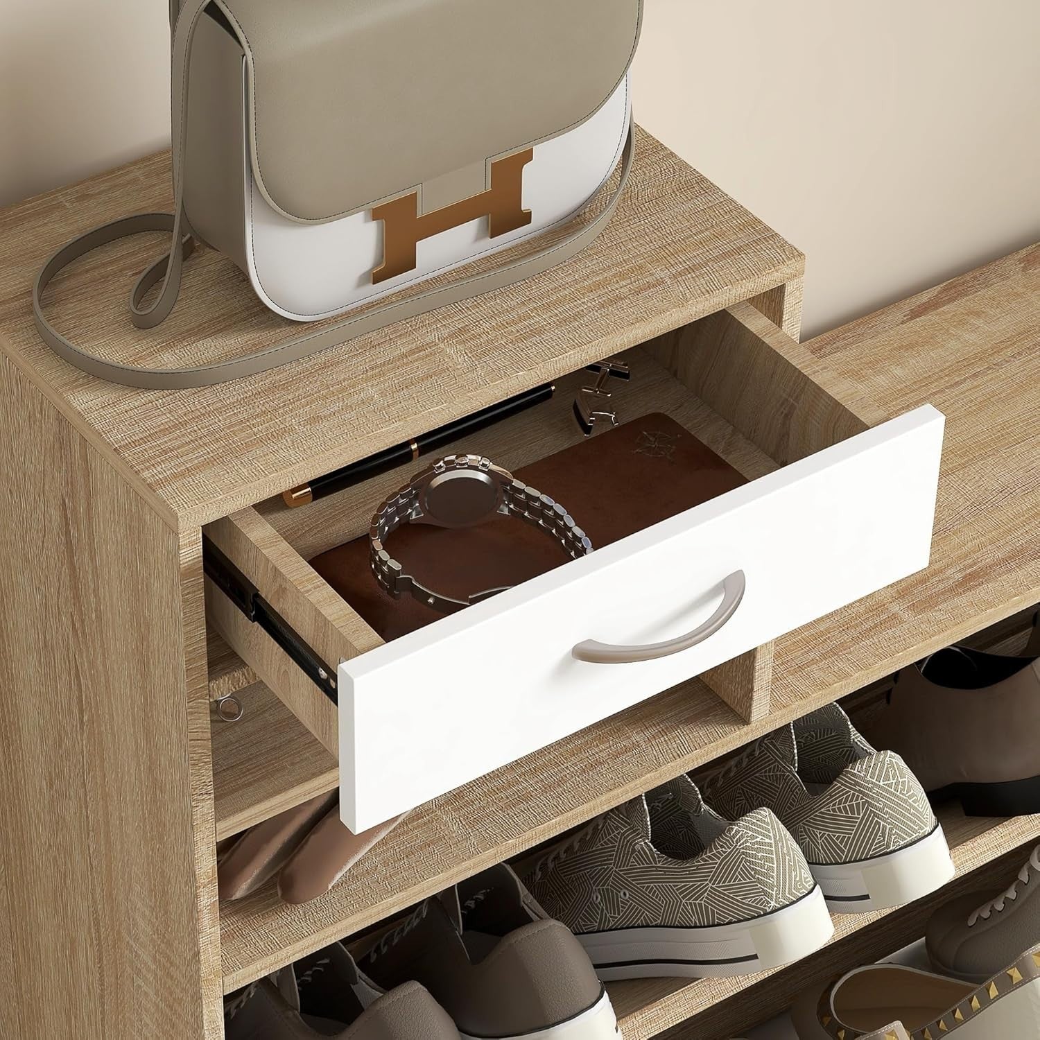 Natural Wood Hallway Furniture Set with Shoe Cabinet, Mirror & Coat Hooks