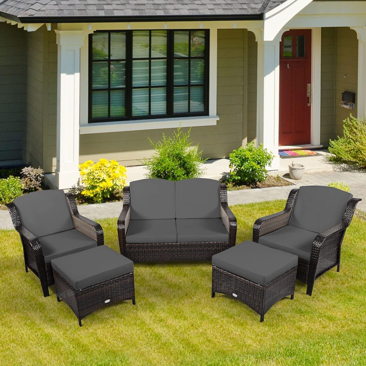 5-Piece Outdoor Rattan Patio Set with Loveseat, Sofas & Ottomans Grey